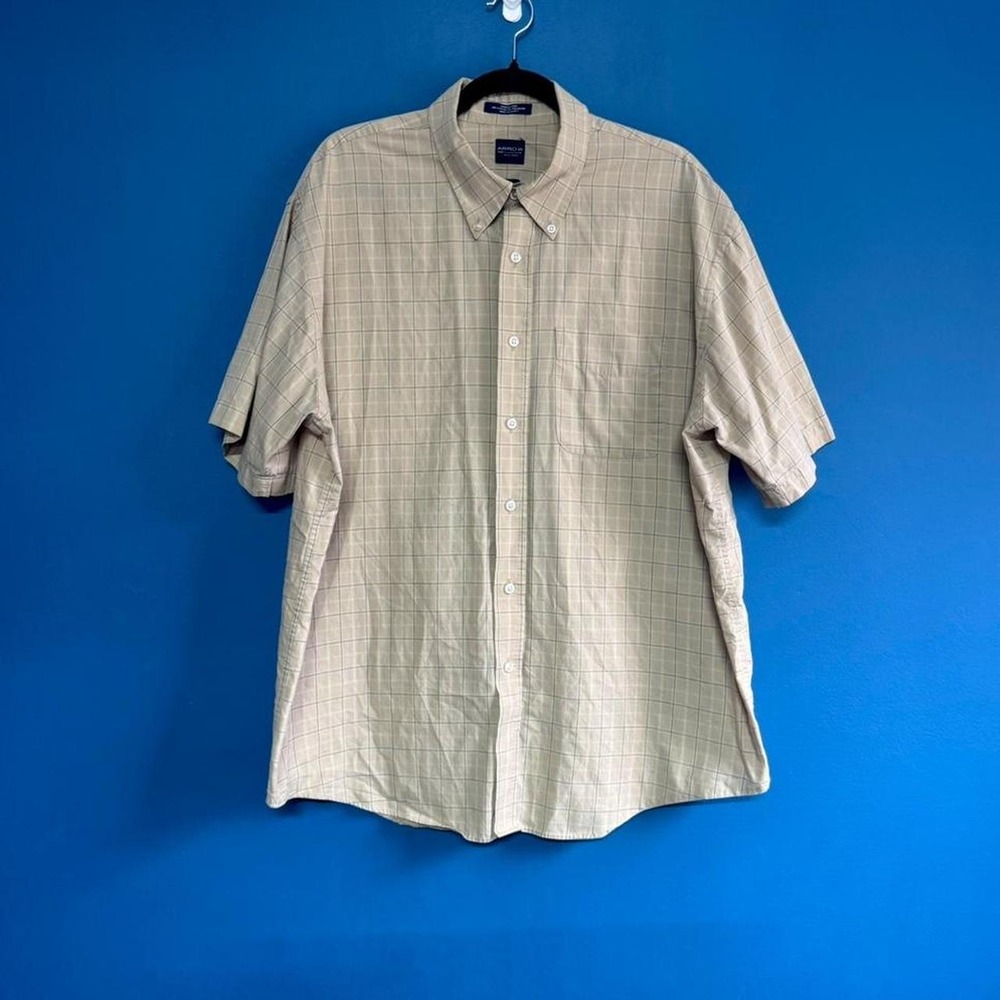 Arrow Plaid Shirt Men's Size XL 17-17 1/2 Tan Short Sleeve Collared Retro Twee